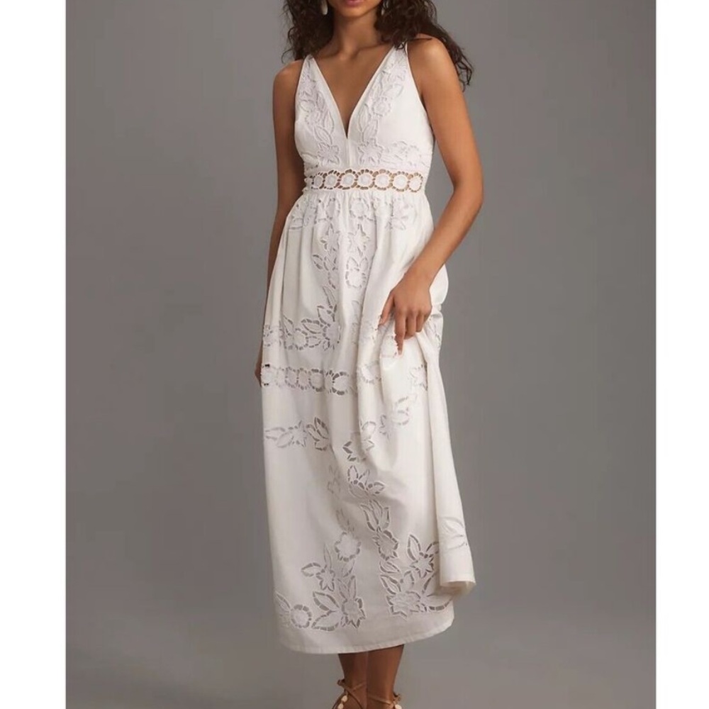 NWT Anthropologie Vineet Bahl Sleeveless V-Neck Floral Cutwork Midi Dress